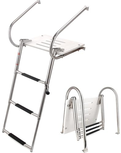 Mojiate 3-Step ABS Telescoping Boat Ladder | Stainless Steel Swim Platform with Handrails | 400lb Capacity | Collapsible for Pontoon, Dock & Yacht