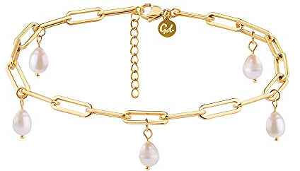 GD GOOD.designs Fußkettchen Gold mit Perlen - Wasserfest - Echte Süßwasserperlen Fußkette für Damen I Größenverstellbar