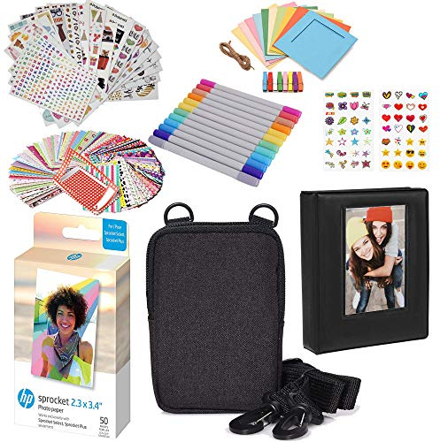 HP Lot de 50 Feuilles de Papier Photo de qualité supérieure 5,8 x 8,6 cm avec Album Photo, étui, Autocollants, marqueurs