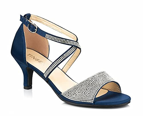 Shoe Box Boutique 0067 Women's Diamante Detail Low Kitten Heel Strappy Peep Toe Evening Party Special Occasion Sandals Shoes 3-8 (Navy Blue, Numeric_6)