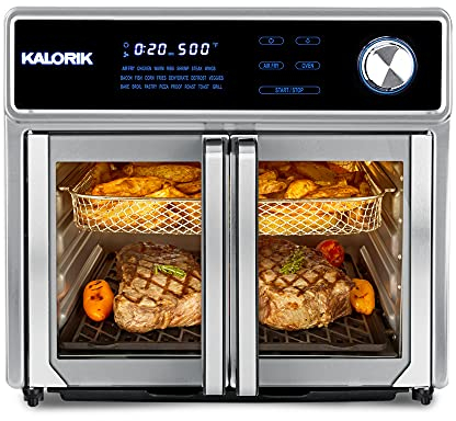 Kalorik Air Fryer Oven Grill MAXX Series 26-Quart with Smokeless Sear Technology Digital Controls Easy-View Door and 22 Smart Cooking Presets, Includes Cooking Accessories, 1700-Watts, Stainless Steel