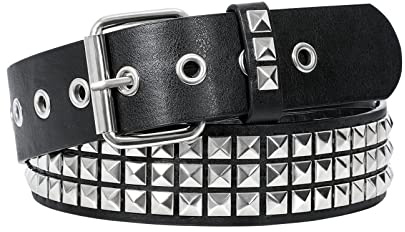 JASGOOD Punk Rivet Studded Belt Goth Row Pyramid Square Bead PU Leather Vintage Punk Rock Grommet Belt for Jeans Pants, Black, Fit Waist 31-36 Inches