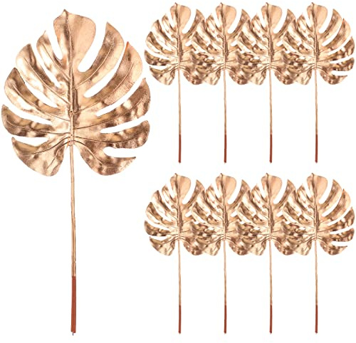 8 Pcs Artificial Gold Palm Leaves Plants 23.6 Inch Large Plastic Tropical Palm Leaves Fake Floral Boho Gold Leaf Flowers for Wedding Party Garland Home Vase Hawaiian Luau Party Decoration, Turtle Leaf