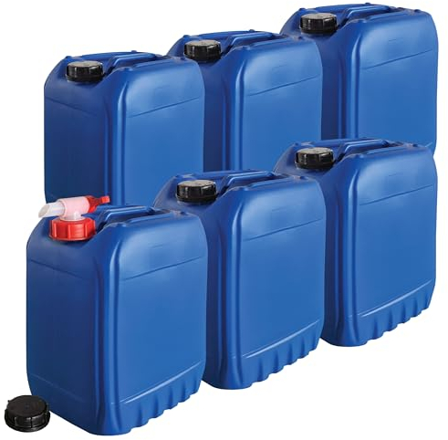 plasteo® 6er Set: 20 L Kanister Wasserkanister Blau inkl. Deckel und 1 x Auslaufhahn | BPA-Frei Lebensmittelecht | Camping Tragbar | Indoor und Outdoor | Made in Germany