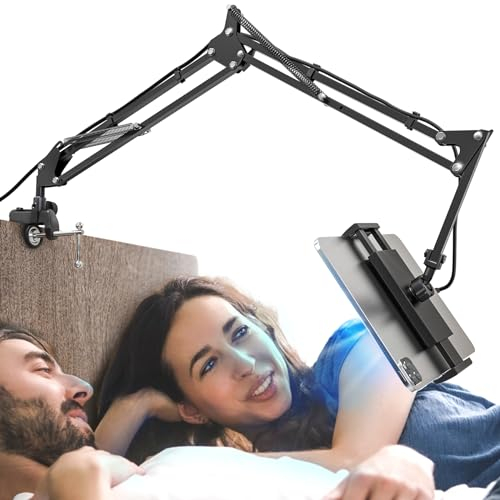 CACENCAN Tablethalterungen für Bett mit Lampe, Tablet Halterung Bett, Tablethalterung, Tablet-Ständer, Universeller Tablet-Halter 360 Grad Drehung für iPad/iPhoneX/iPad Pro 4.5~13.5 Zoll (Schwarz)