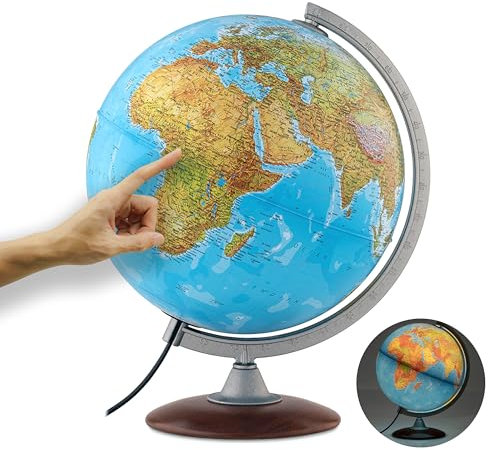 ORBIT Globes & Maps - Globe lumineux - globe de 30cm avec pied en bois, image de carte 2023 physique/politique avec lampe LED, image de carte française actuelle