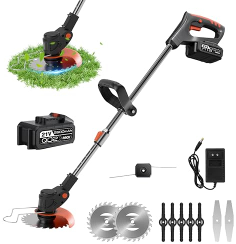 Desbrozadora eléctrica inalámbrica, corte con borde de 21 V con batería y cargador de 3 tipos de cuchillas, plegable retráctil, para la limpieza del jardín, malezas, árboles a flores (A)