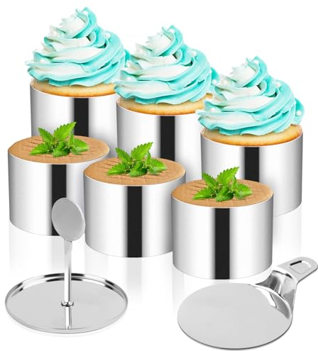 PBUSPU 6 Pezzi Coppapasta Tondo Acciaio Inossidabile Anelli, 6 Anelli Dessert 1 Pressa 1 Base, Acciaio Inox, Anelli per Torte per Pasticceria Cerchio per Dolci con Coperchio per Torte Dessert Mousse