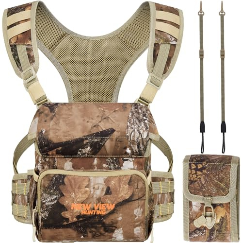 NewView Arnés Binocular para Pecho con Bolsa de telémetro Desmontable, Correa bino Ajustable y Protector de Lluvia, Ideal para Caza, Senderismo y observación de Aves, M, Camuflaje, Camuflaje