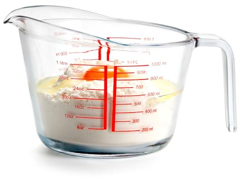 NUTRIUPS 1000ml Glass Measuring Cup, Heighten Spout for Easy Pouring Measuring Glass, Clear with Red Measurements