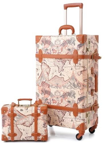 Urecity Vintage Resväska med 4 Hjul - Handkärra, Lätt Retro Hårt Skal 2 Delar med 30 cm Liten Kropp, BRUN, S(12)+M(20)