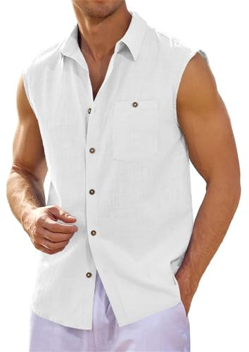 Runcati Camisa de lino para hombre, sin mangas, cuello vuelto, camisa para hombre, playa, verano, tiempo libre, camiseta básica, chaleco con bolsillo, Blanco, XXL