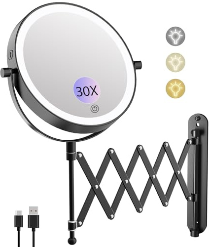 FunTOUCH Uppladdningsbar sminkspegel med 1 X/30 x förstoring, 4 000 mAh, 3 färgbelysning, förlängd arm, sminkspegel, 360° vridbar väggspegel för badrum och hotell (svart)