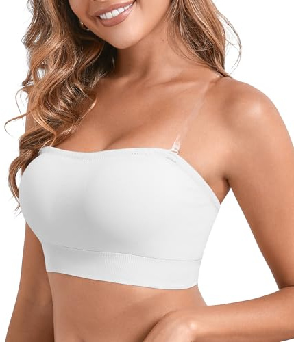 DEANGELMON Strapless Bras for Women Comfort Non-Slip Seamless Padded Bralette Clear Straps Wireless Tube Top Bra White Medium