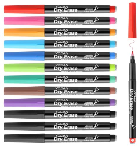 YISAN Dry Erase Markers Ultra Fine Tip,0.7mm Extra Fine Point, Magnetic Whiteboard Markers with Eraser,Assorted Colors,Low Odor,12 Count,70566