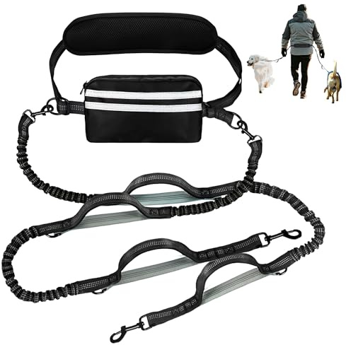 STFALI Joggingleine mit Bauchgurt für 2 Hunde, Verstellbar Freihandleine für mittelgroße und große Hunde, mit Reflektierend Elastisch Laufleine und Dual Griffe, geeignet für Joggen Laufen Wandern