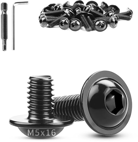 TXXATX M5 x 16 mm linshuvudskruvar med fläns 30 st skruvar M5 svart | Platt huvudskruvar, ISO7380-2, rostfritt stål A2 V2A, insexnyckel, med nyckel och bit, för bordsben, fordon