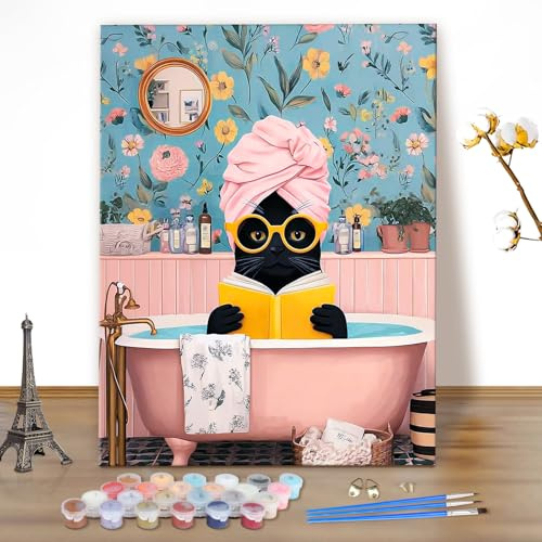 MEIYUDA Pintar por Numeros Adultos El gato en el baño, DIY Painting by Numbers Kits Cuadros por Numeros, Pintura de Bricolaje Sobre Lienzo Decoración para Hogar 40x50cm(sin marco)