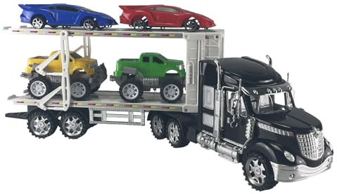 Bisarca lastbil med 4 bilar, kopplingsleksak för barn, 2 våningar avtagbar trailer, frihjulsbil, lastbil, fordonstransportör 54 cm, ålder 36 M, blandade färger