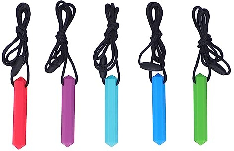 Hztyyier 5 Pièces Pendentif de Dentition pour bébé Cristal de Silicium Aide Motrice Orale Collier à Mâcher pour Bébés, Jouet de Thérapie Motrice Orale pour le Soulagement de la Dentition