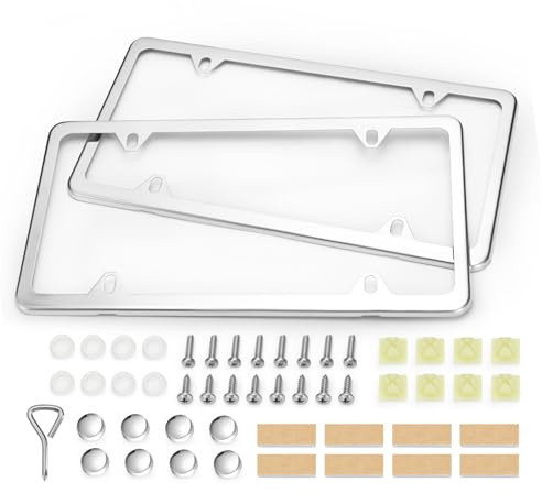 Ohuhu License Plate Frames, 2 Pcs 4 Holes Slim Stainless Steel Polish Mirror License Plate Frame + Chrome Screw Caps (Silver)