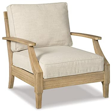 Signature Design by Ashley Clare View Outdoor Lounge Chair, All-weather Foam Cushion, Protective Finish, Eucalyptus Wood , 30 W x 35 D x 32 H, Beige