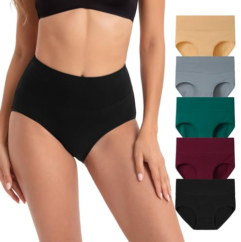 INNERSY Womens Knickers High Waisted Cotton Underwear Ladies Briefs Big Lady Under Pants 5 Pack (8, Early Winter)