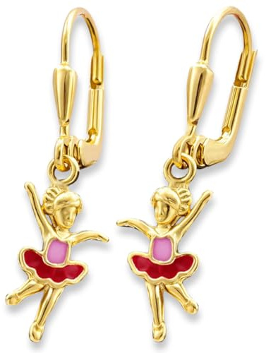 CLEVER SCHMUCK Boucles d'oreilles dorées pour fille - 28 mm - Petite ballerine - 12 mm - Rose et rose laqué brillant - Argent sterling 925 plaqué or - Avec étui rose, Métal