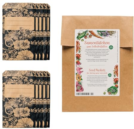 Samentütchen, Flachbeutel, Mini-Geschenktüte zum Selbstbefüllen und Beschriften für eigenes geerntetes Saatgut, Geschenke, Globuli - 10 Stück aus braunem, bedrucktem Packpapier