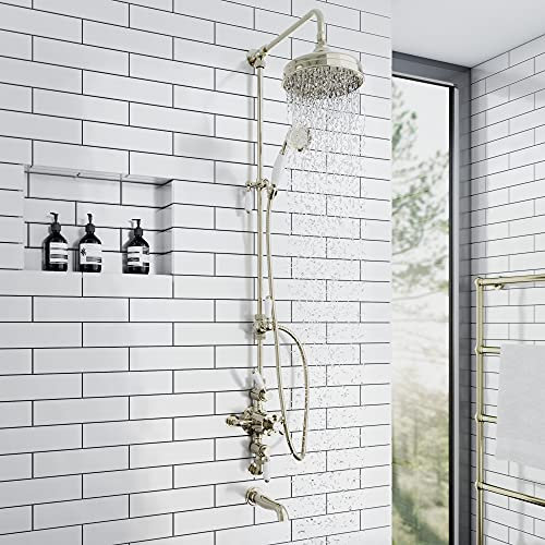 ENKI, Downton, SH0553, Gold Lever Shower Set 3 Outlets, Triple Thermostatic Shower Valve, Rainshower Head, Sliding Riser Rail, Thermostatic Bath Mixer Filler Spout, Polished Gold Shower