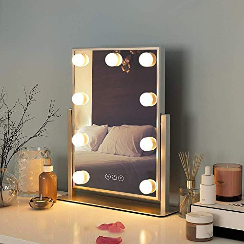 FENCHILIN Vanity Mirror with Lights Makeup Mirror with Lights 9 LED Bulbs Lighted Hollywood Mirror Light up Vanity Mirror 360° Rotation 3 Color Lighting Modes 10X Magnifying Dressing Table Mirror