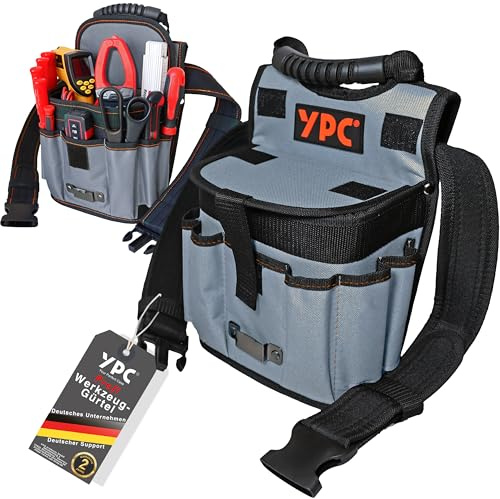 YPC Rapid Werkzeug Gürteltasche XXL – Profi Werkzeuggürtel, Großer Arbeitsgürtel, wasserfeste Werkzeugtasche mit Schlaufen, reißfest, Tragegriff, 11 Taschen, Grau-Schwarz, 29x20x13cm – 5 kg Tragkraft