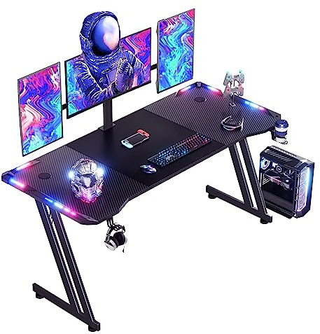 HLONONE 160 x 60 cm Bureau Gaming LED, Bureau Gamer avec Plateau en Fibre de Carbone, Grande Table Gaming, Bureaux Informatique avec Tapis de Souris, Porte-gobelet et Crochet pour Casque, Noir