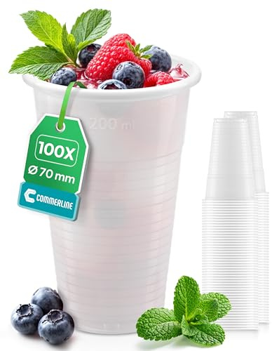 Commerline 100 Stycken Vit Plastmuggar 0,2 L – Drickkoppar, Ölglas, Vattenmuggar, Utskänkningsmuggar | Engångsmugg, Vit Plastmugg, Party-Mugg, Vattenmugg, Serveringsmugg