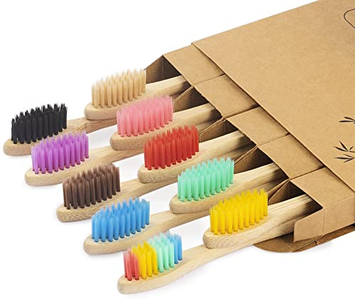 NUDUKO Biodegradable Bamboo Toothbrushes, 10 Piece BPA Free Soft Bristles Toothbrushes, Natural, Eco-Friendly, Green and Compostable (Multicolored Bristles)