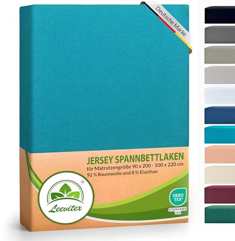 leevitex® Luxus Elasthan Jersey Spannbettlaken | 90x200 – 100x220 cm | Multistretch | 250 g/m² | 92% Mako-Baumwolle und 8% Elasthan | 40cm Steghöhe | außergewöhnlich hochwertige Ausführung | Petrol