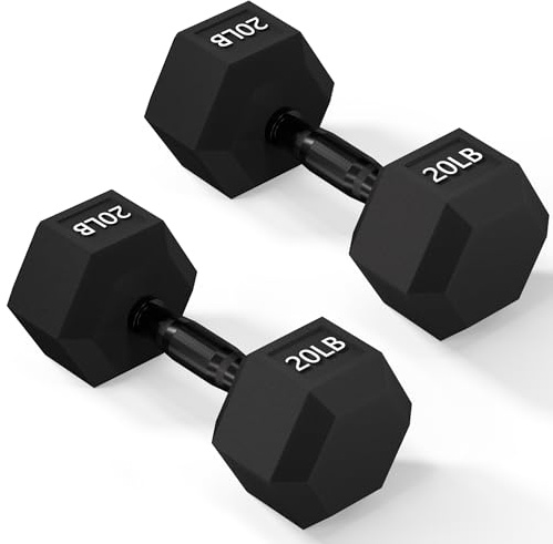 Fitvids Mancuerna hexagonal con revestimiento de goma para ejercicio y fitness, pesas de mano con mango de metal antideslizante para gimnasio en casa, varios tamaños, par de 20 libras