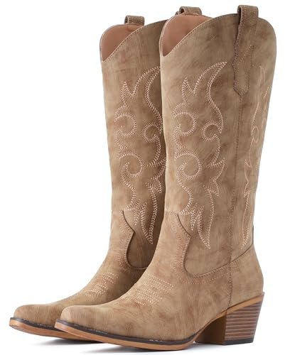 IUV Cowboy Boots For Women Western Cowgirl Boots Mid Calf Snip Toe Boot With Chunky Heel