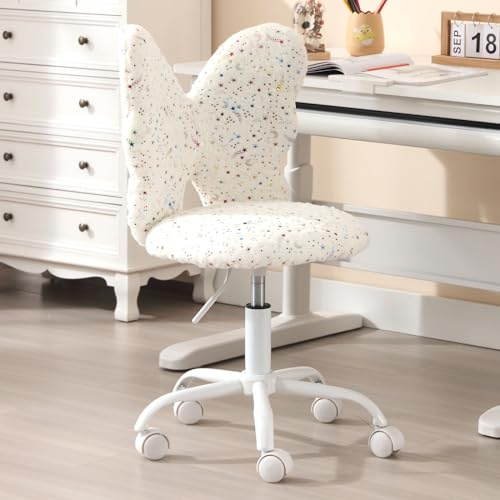Ya-Home Enfant Fauteuil Pivotante de Bureau Chaise Bureau Fille Papillon, Chaise Enfant Bureau Fille en Fausse Fourrure avec roulettes, Blanc