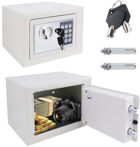 4.6L Electronic Digital Safe Box, Fireproof Security Box Home Office Money Cash Jewelry Steel Safety Box with 2 keys, Wall Mounted Mini Safe for Home Office Hotel, 23 x 17 x 17 cm, White