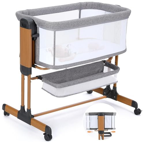 Growaystory Beistellbett 3 in 1 Babybett,Babybett mit Weich Matratze,mit Rollen Kinderbett,7-Fach Höhenverstellung,Faltbare Seitenwand für Zuhause und Unterwegs (Holzmaserung)