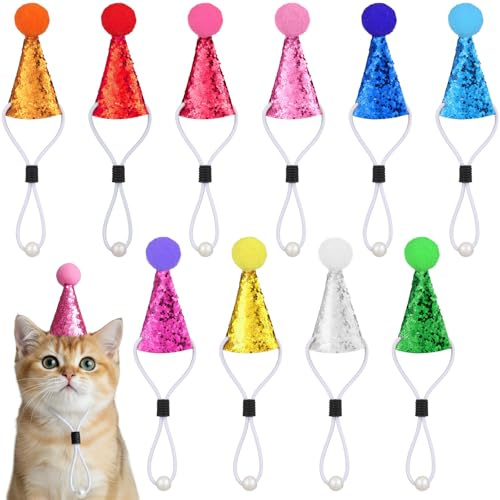 Aiyorse 10 Stück Partyhüte für Kuscheltiere mit Perle Pompon Verstellbarer Bunt Partyhüte Kindergeburtstag Geburtstagshut Partyhütchen Geburtstagshut für Hunde kleine Tiere, Kinder und Plüsch-Teddys
