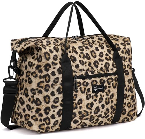 XYVIA Duffle Bag for Travel Foldable Leopard Print Carry on Travel Bag, Small Medium Weekender Overnight Bags for Women, 40L Waterproof Sport Gym Bag with Computer Compartment