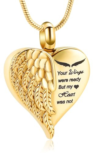 Rstnxnnl Love Heart Cremation Jewelry Urn Necklaces Wing Urn Necklaces for Ashes Memorial Keepsake Pendant for Women Men Gifts With Funnel Kit & Bag(Gold)