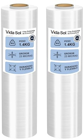 VIDA SOL Film Embalaje de Envoltura Transparente 1.4kg, 2 Rollo de 50 cm, 23 Micras de Espesor, Resistente y Versátil, Ideal para Hogar, Almacenes, Comercios y Transportes
