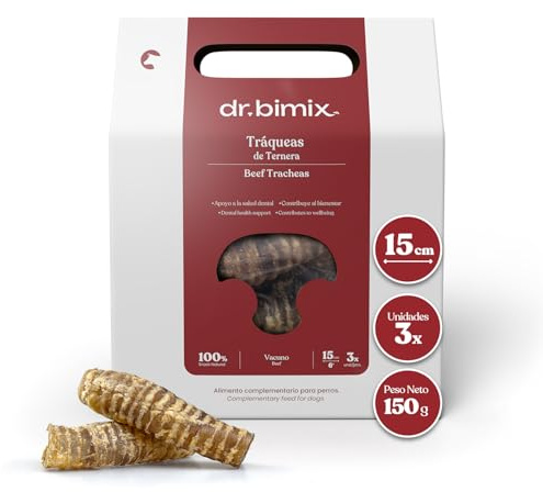 dr. bimix Tráqueas de Vacuno para Perros – 3 Chuches Naturales Crujientes | Altas en Proteína y Colágeno | Apoyo Dental, Articular y Muscular | Snack Saludable y Duradero | 150g – 1 Pack