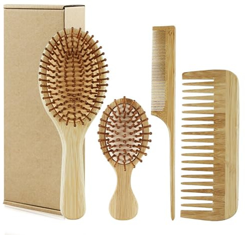 Set di spazzole in bambù 4 pezzi Spazzola per capelli in bambù naturale per la crescita dei capelli include pettine a denti larghi pettine a coda e mini paletta per massaggio brillante de
