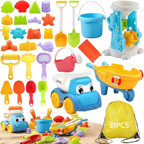 Dazhtu 31 Stück Sandspielzeug Set, Sandkasten Spielzeug Reise Sandspielzeug mit Eimer Kinder mit Sandschaufel, Eimer, Sandformen, Netzbeutel Strand für Jungen Mädchen Kinder 3 4 5 6 7 Jahre