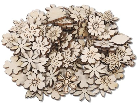 100 PCS Unfinished Wood Flowers Wood Slice Leaf Pattern Cutouts Mini Wooden Handmade Craft Decoration Supplies DIY Art Project Wooden Pieces Scrapbook Embellishments