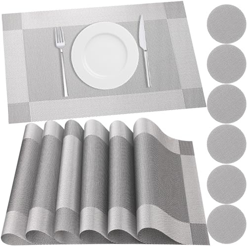 HEYOMART Placemats and Coasters Sets of 6, PVC Vinyl Place Mats Non-Slip Heat Resistant Washable Table Mats for Kitchen Dining Table Home Restaurant, Grey